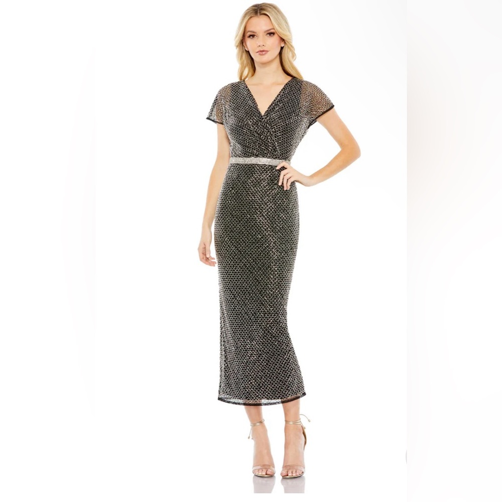 NWT MAC Duggal BEADED WRAP V-NECK SHORT SLEEVE DRESS Size 6 Black Silver *FLAWED
